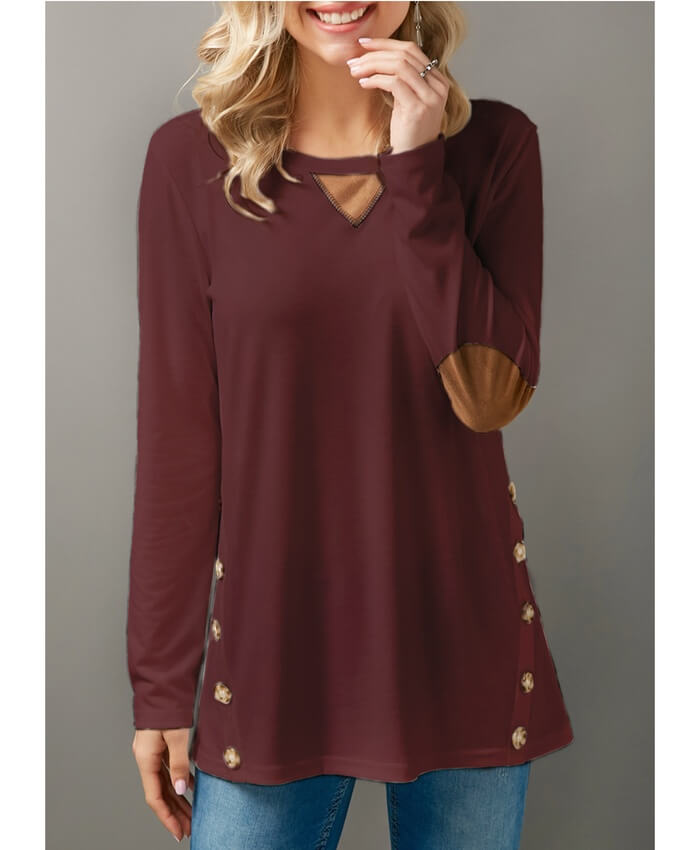 Long Sleeve Patchwork Button Detail T Shirt